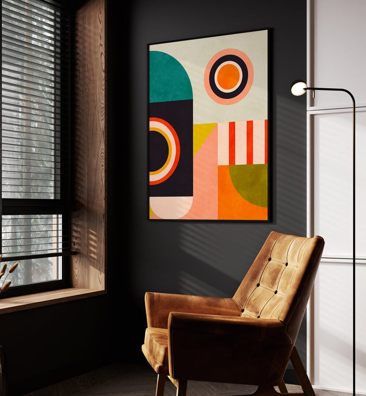 Bright and elegant "Playing Around Shapes II, Abstract Paintings" by Ana Rut Bre enhances modern living spaces.