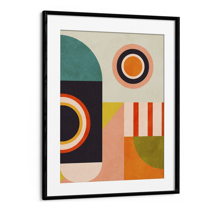 Bright and colorful "Playing Around Shapes II, abstract paintings" by Ana Rut Bre in a sleek black frame. Perfect for modern decor.