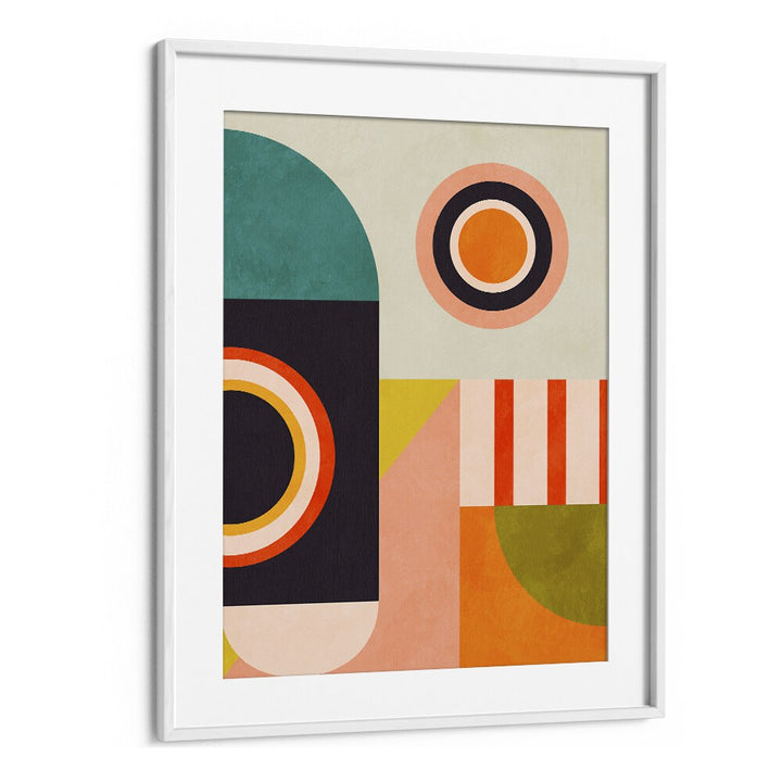 Colorful geometric design in a white frame, featuring "PLAYING AROUND SHAPES II, ABSTRACT PAINTINGS" by Ana Rut Bre.