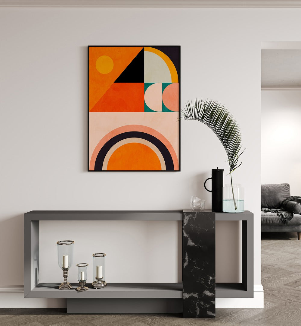 Vibrant PLAYING AROUND SHAPES VI, ABSTRACT PAINTINGS by Ana Rut Bre enhances modern interiors with bold colors.