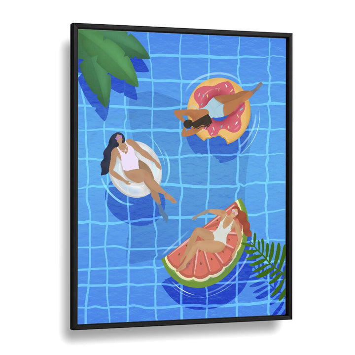 Colorful POOL LADIES, WALL ART PRINTS by Petra Lidze showcase relaxation and summer vibes in a chic pool setting.