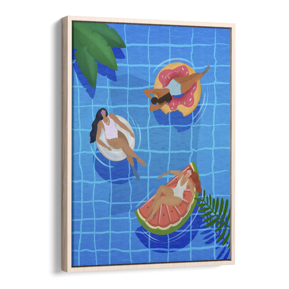 Colorful POOL LADIES, WALL ART PRINTS by Petra Lidze, showcasing a vibrant pool scene in a stylish floater frame.
