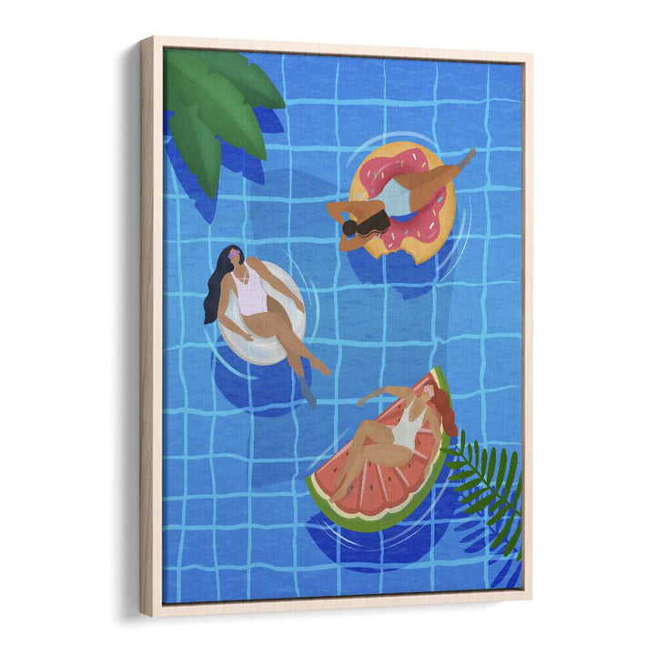Colorful POOL LADIES, WALL ART PRINTS by Petra Lidze, showcasing a vibrant pool scene in a stylish floater frame.