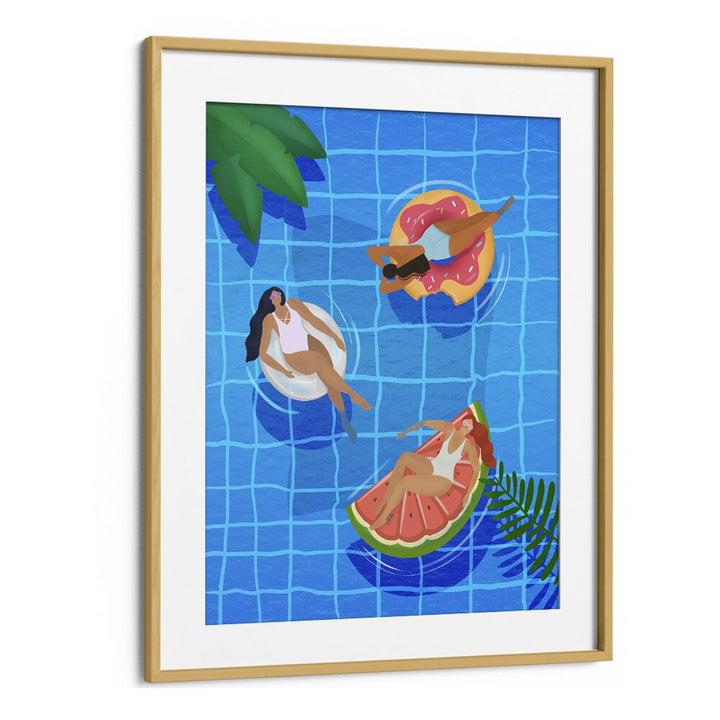 Vibrant POOL LADIES, WALL ART PRINTS by Petra Lidze, featuring relaxed women enjoying a sunny poolscape.