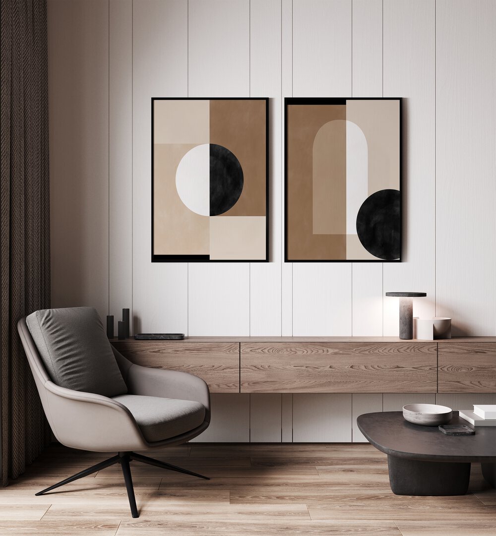 Transform your space with the QUANTUM SHAPES, SET OF 2 PAINTINGS, perfect for modern home or office decor.