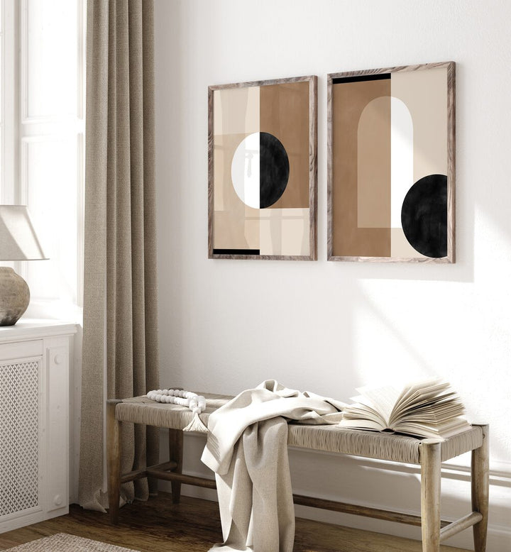Elevate your decor with the QUANTUM SHAPES, SET OF 2 PAINTINGS, showcasing modern art in a stylish setting.