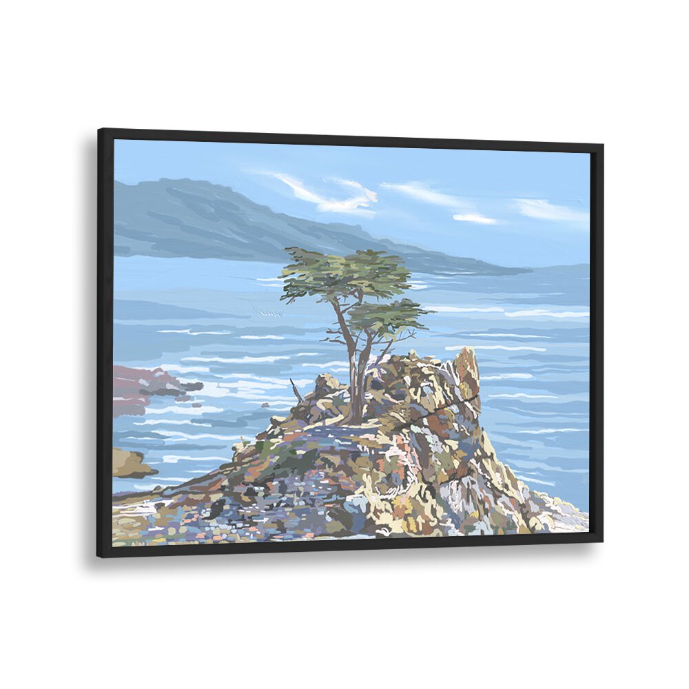 Serene QUIET SENTINEL, LANDSCAPE PAINTINGS in a black frame, showcasing nature's tranquil beauty. Perfect for your home.