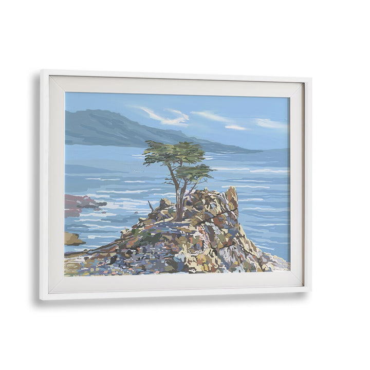 Framed QUIET SENTINEL, LANDSCAPE PAINTINGS showcasing serene coastal beauty, perfect for a tranquil home atmosphere.