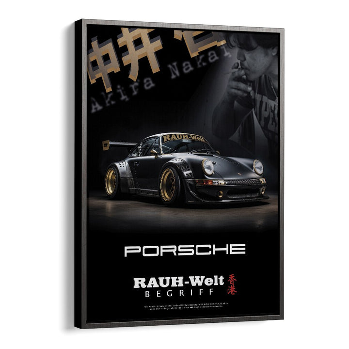 RAUH - WELT PORSCHE car posters in a stylish black floater frame, perfect for automotive enthusiasts' decor.