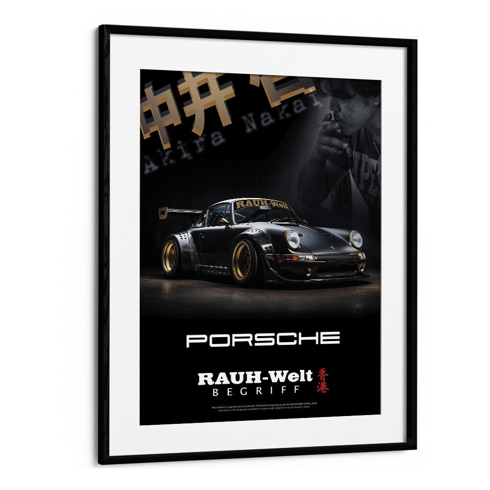 Stylish RAUH - WELT PORSCHE car poster in a black frame, perfect for automotive enthusiasts' wall art.