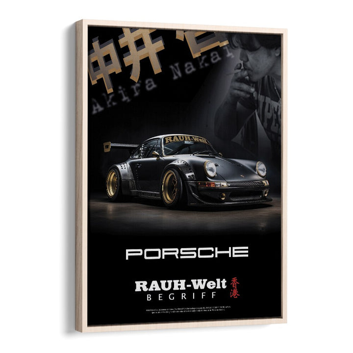 Stunning RAUH - WELT PORSCHE car poster in an oak wood floater frame, perfect for automotive enthusiasts.