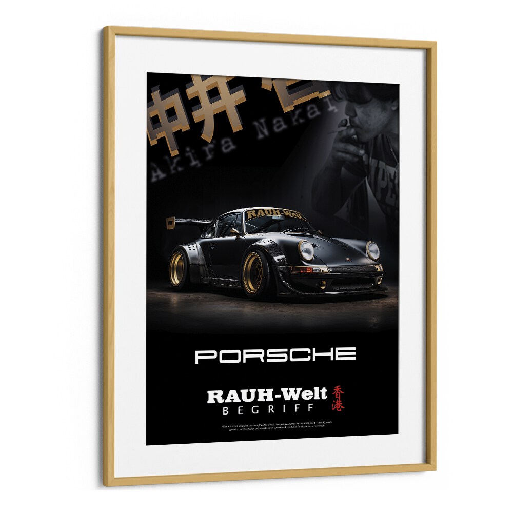 Stylish RAUH - WELT PORSCHE car poster in an oak frame, perfect wall art for automotive enthusiasts.