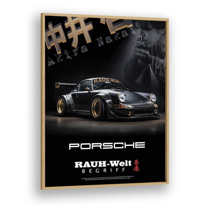 Stunning RAUH - WELT PORSCHE car poster in oak frame, perfect wall art for automotive enthusiasts and collectors.