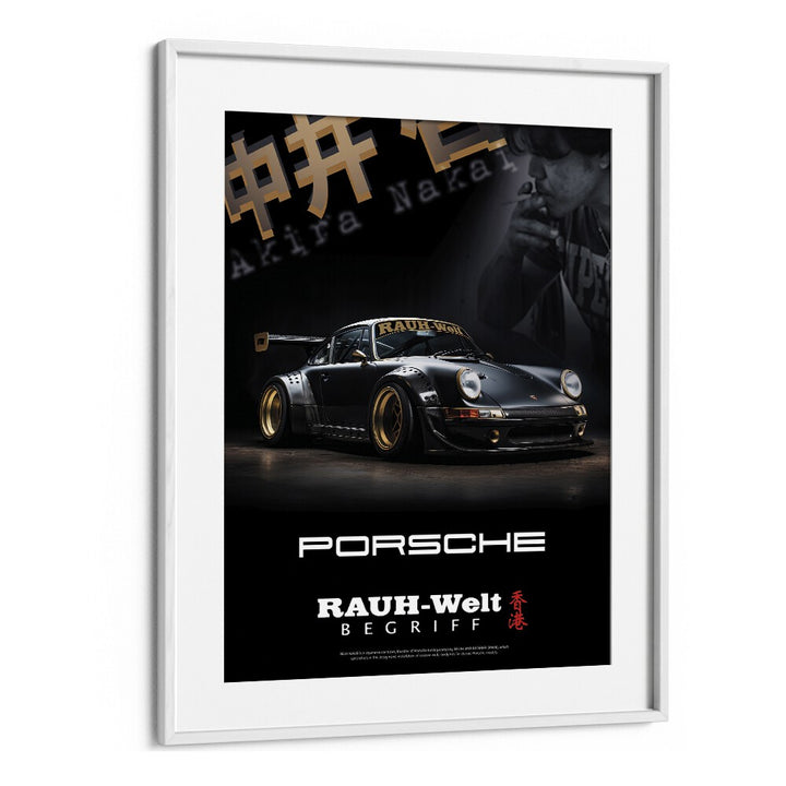 Stunning RAUH - WELT PORSCHE car poster in a white frame, perfect for automotive enthusiasts and stylish decor.
