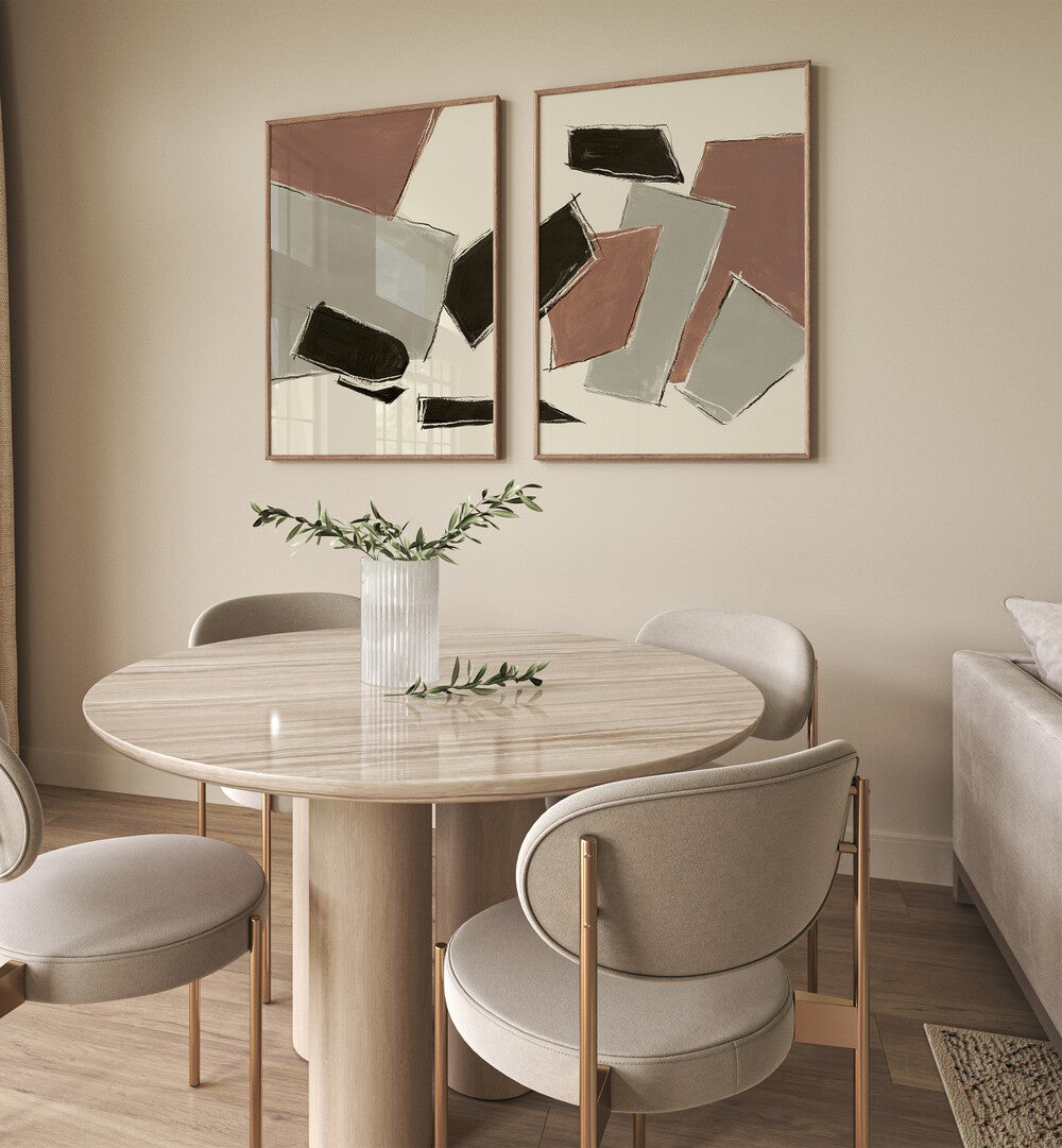 Enhance your decor with the RAW ABSTRACT SET, SET OF 2 PAINTINGS featuring modern beige and black designs.