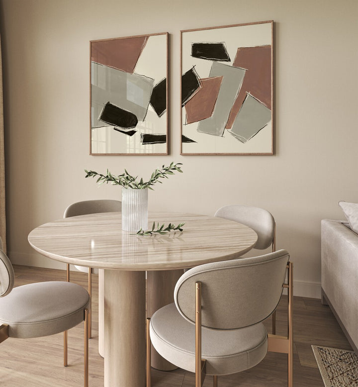 Enhance your decor with the RAW ABSTRACT SET, SET OF 2 PAINTINGS featuring modern beige and black designs.
