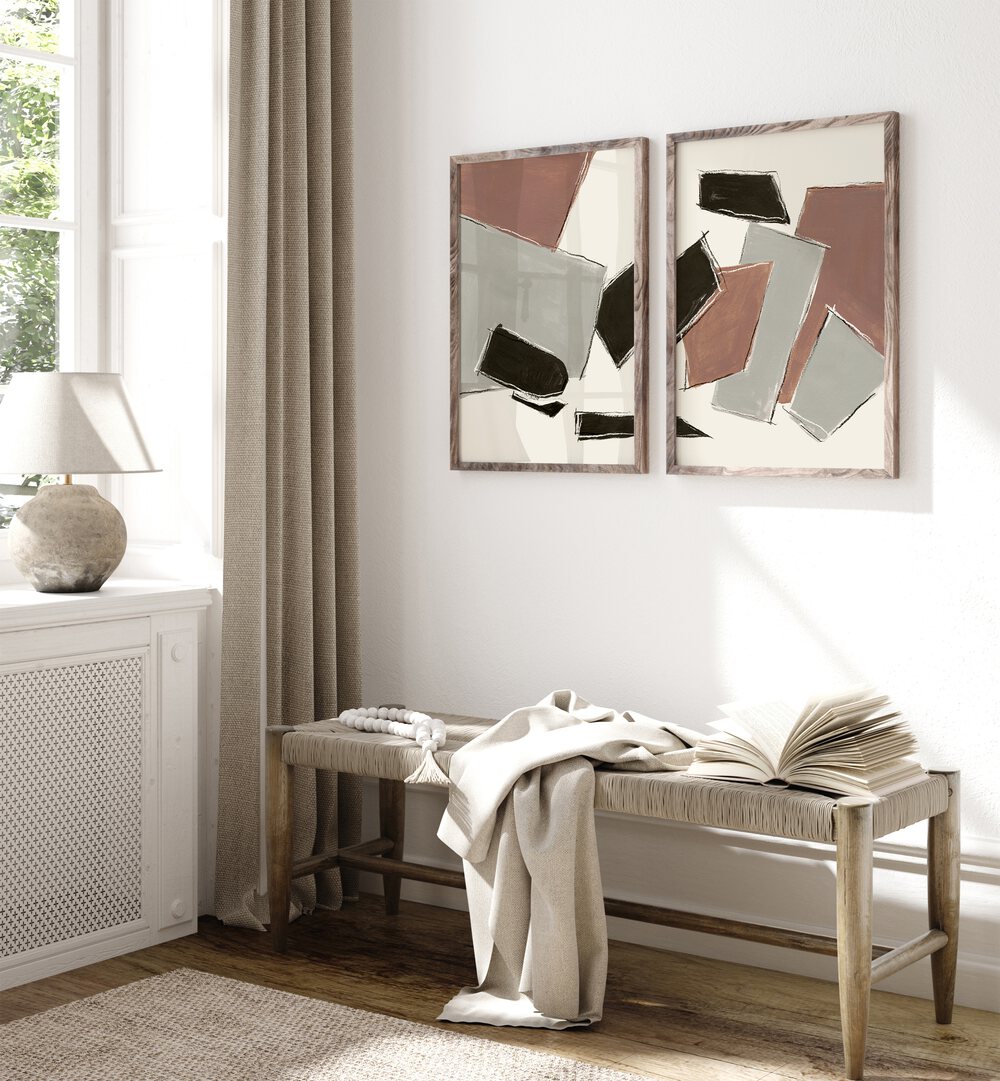 Stylish RAW ABSTRACT SET, SET OF 2 PAINTINGS featuring neutral tones and black accents, perfect for modern decor.