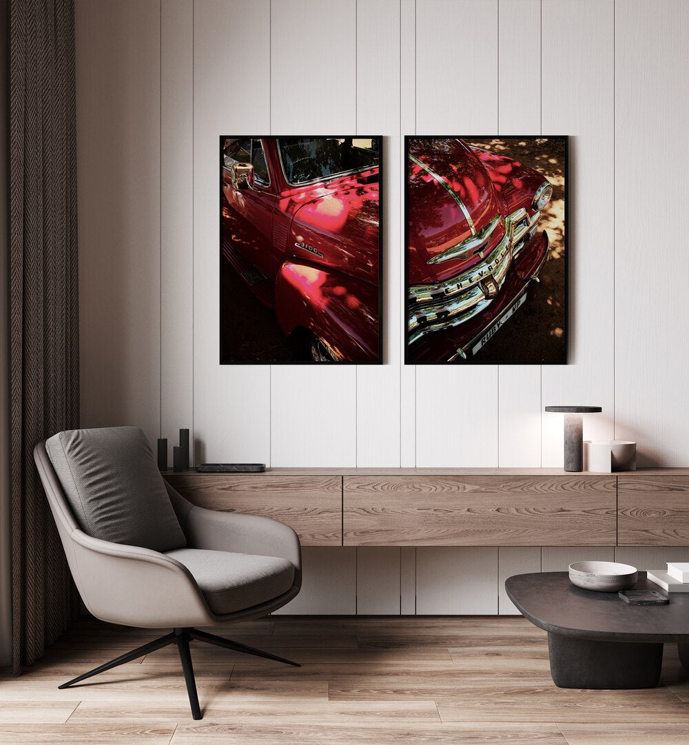 Classic elegance shines in the RED CHEVY SET, SET OF 2 PAINTINGS, perfect for automotive art lovers.