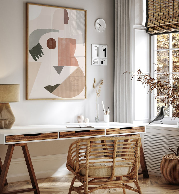 Stylish workspace featuring the TERRACOTTA WHISPERS GALLERY WALL, GALLERY WALLS with abstract art in warm tones.