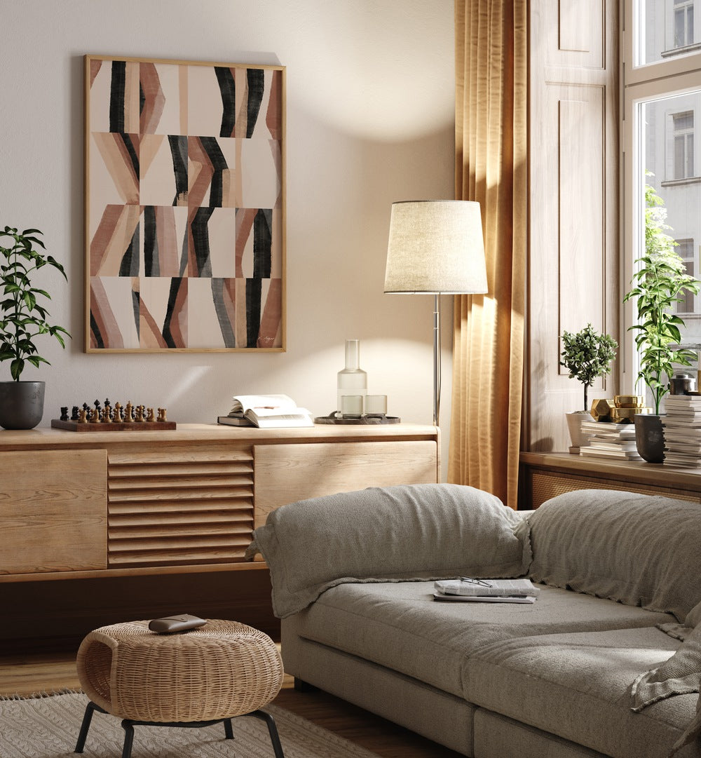 Stylish living room featuring the TERRACOTTA WHISPERS GALLERY WALL, GALLERY WALLS in warm, earthy tones.
