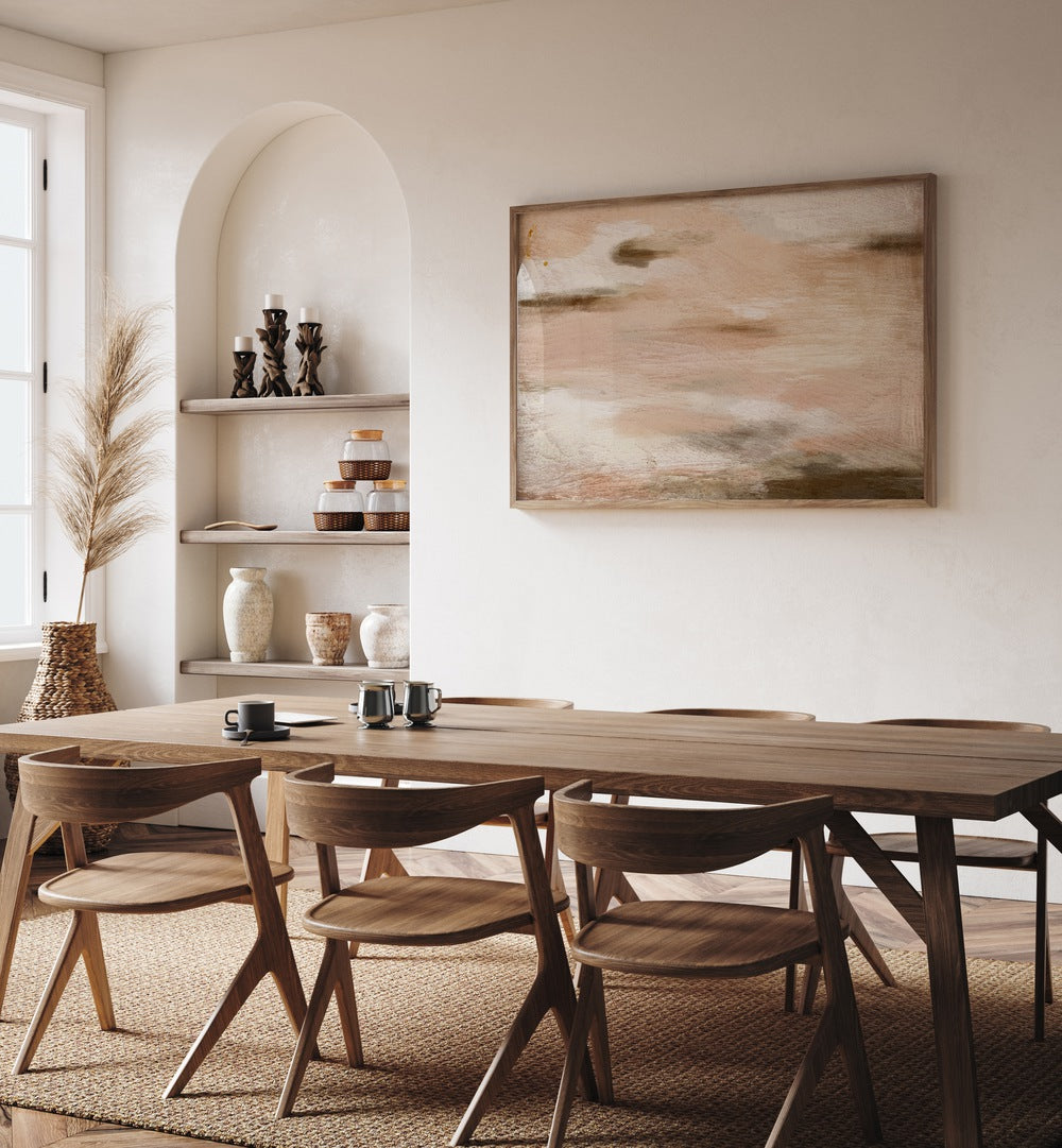 Stylish dining area featuring the TERRACOTTA WHISPERS GALLERY WALL, GALLERY WALLS in warm, earthy tones.