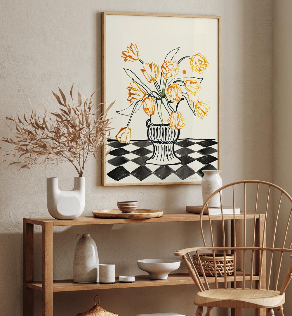 Bright orange tulips in a stylish vase, featured in floral flower paintings for elegant home decor.