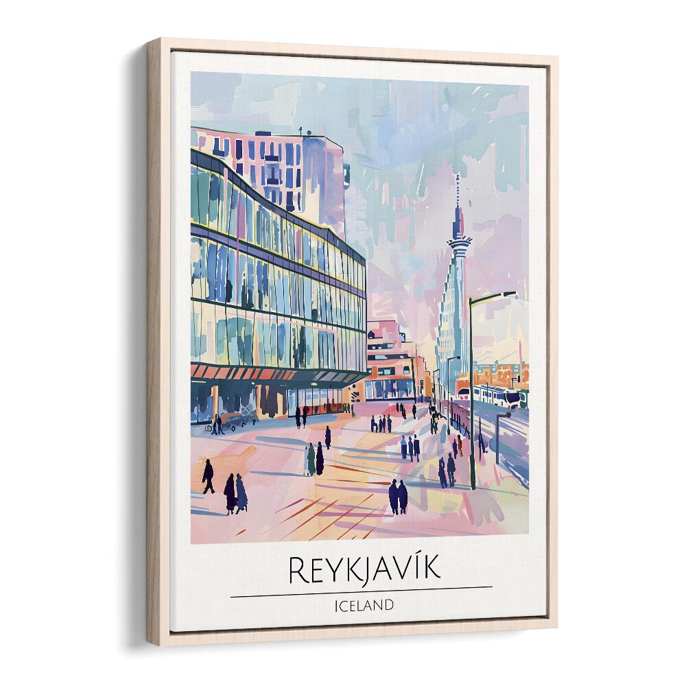 reykjavik-iceland travel posters in Oak Wood Floater Frame