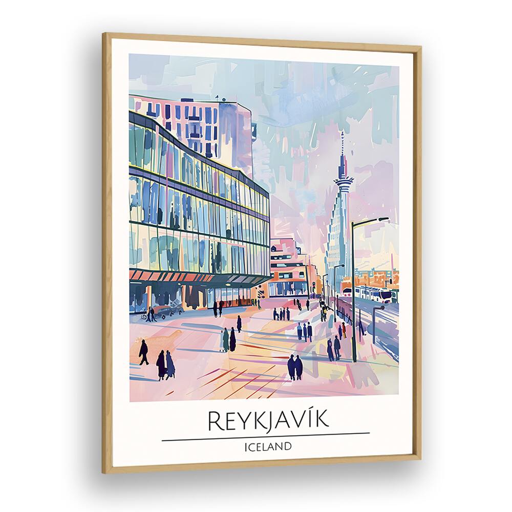 reykjavik-iceland travel posters in Oak Wood Plain Frame