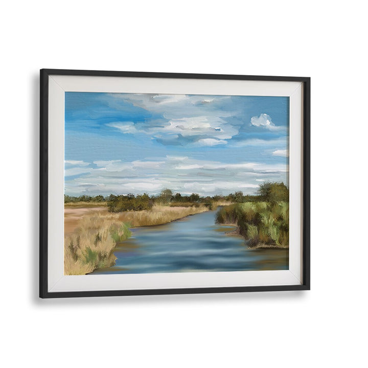 Serene River of Reeds landscape paintings in a stylish black frame, perfect for transforming your space.