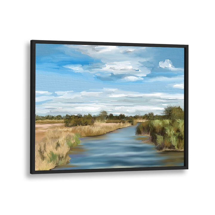 Serene RIVER OF REEDS , LANDSCAPE PAINTINGS in a sleek black frame, enhancing your space with nature's beauty.