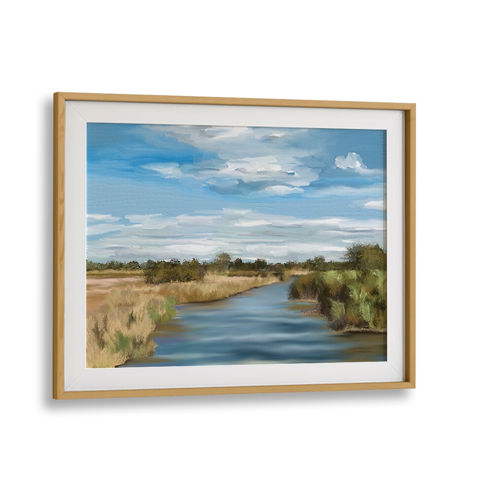 Serene RIVER OF REEDS, LANDSCAPE PAINTINGS in a beautiful oak frame, perfect for enhancing any living space.