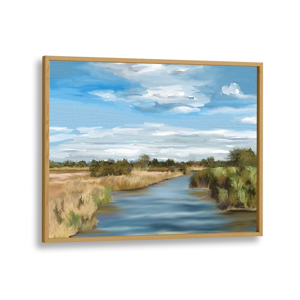 Serene River of Reeds landscape paintings in an oak wood frame, perfect for transforming your space with nature's beauty.