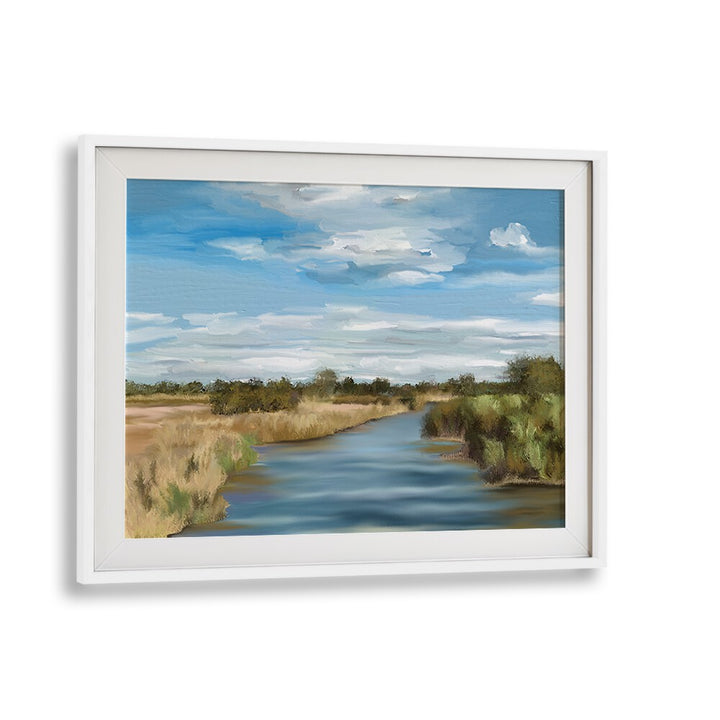 Serene RIVER OF REEDS, LANDSCAPE PAINTINGS in a white frame, perfect for transforming your space with nature's beauty.