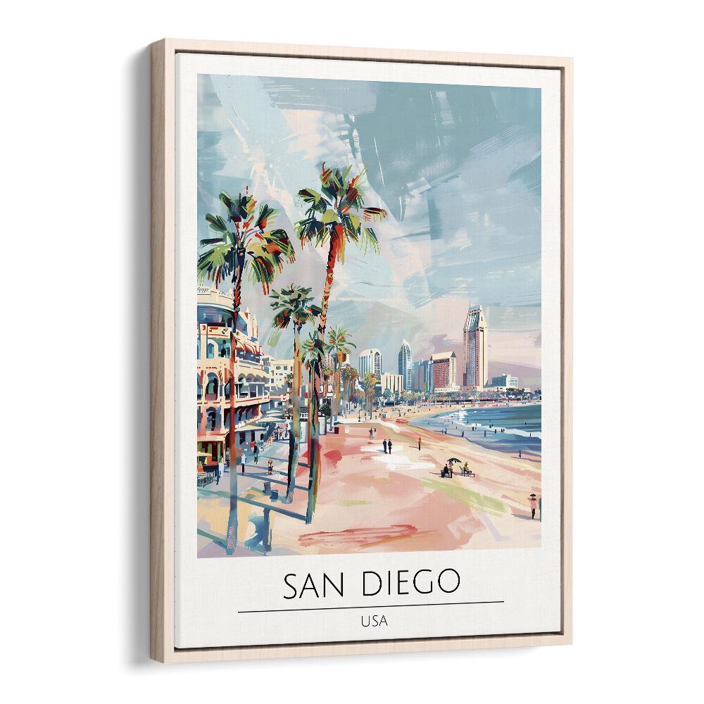 san diego-usa travel posters in Oak Wood Floater Frame