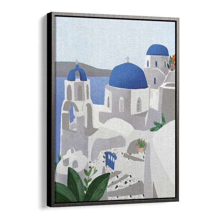 Stunning SANTORINI ISLAND, TRAVEL POSTERS by Petra Lidze, showcasing vibrant blue domes and scenic views.