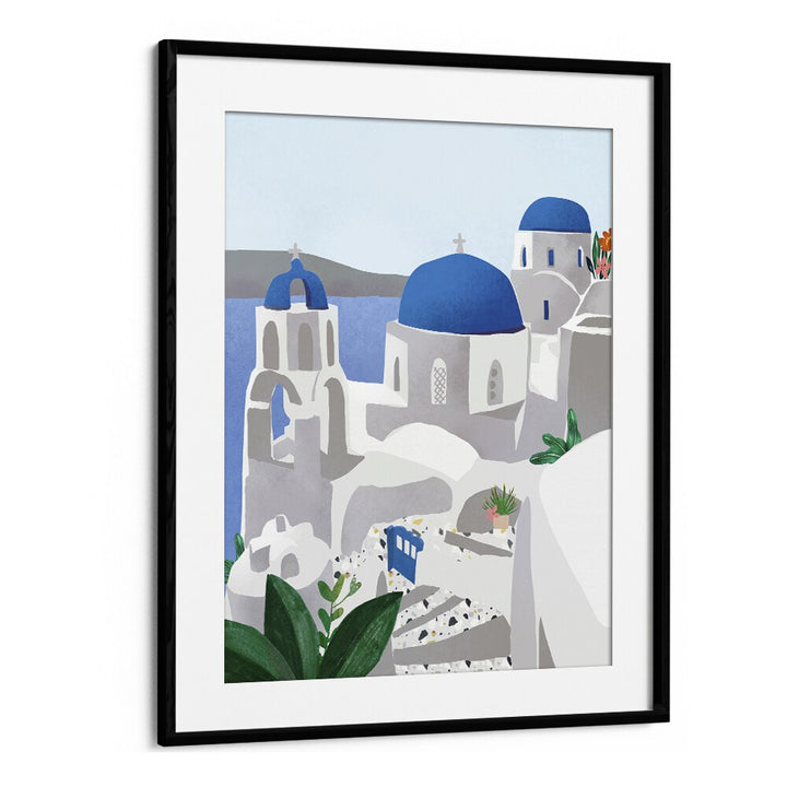 Stunning SANTORINI ISLAND , TRAVEL POSTERS by Petra Lidze, featuring iconic blue domes and vibrant landscapes.
