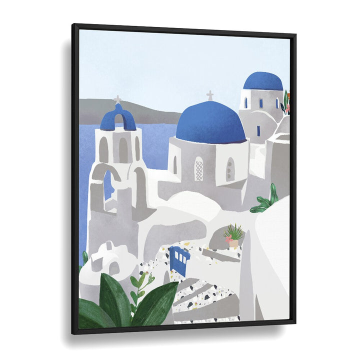 Stunning SANTORINI ISLAND, TRAVEL POSTERS by Petra Lidze, featuring iconic blue domes and beautiful coastal views.