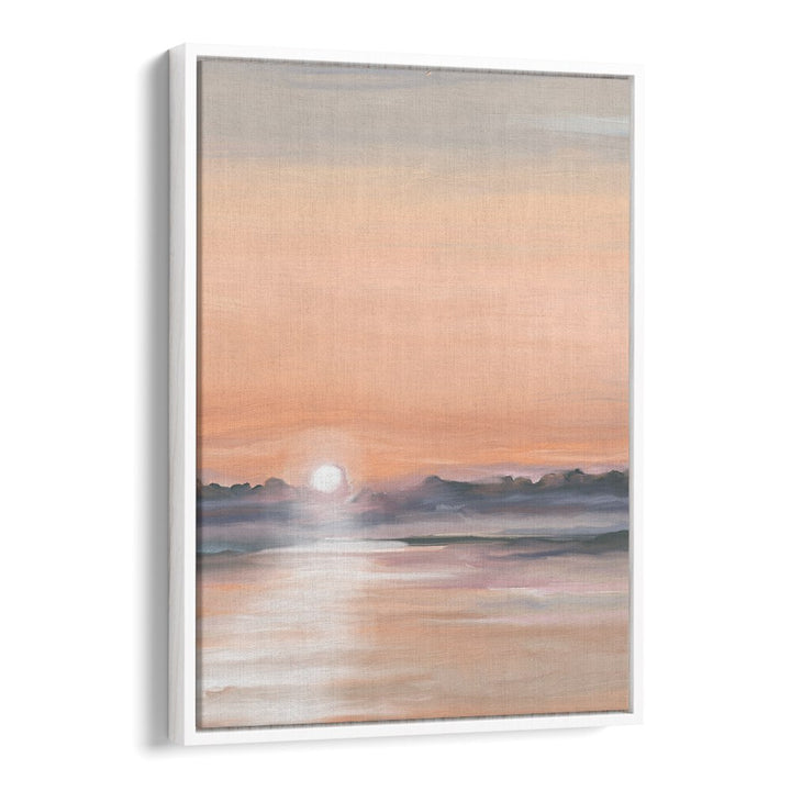 Stunning SATIN SKIES, LANDSCAPE PAINTINGS in a white floater frame, enhancing any space with ethereal beauty.