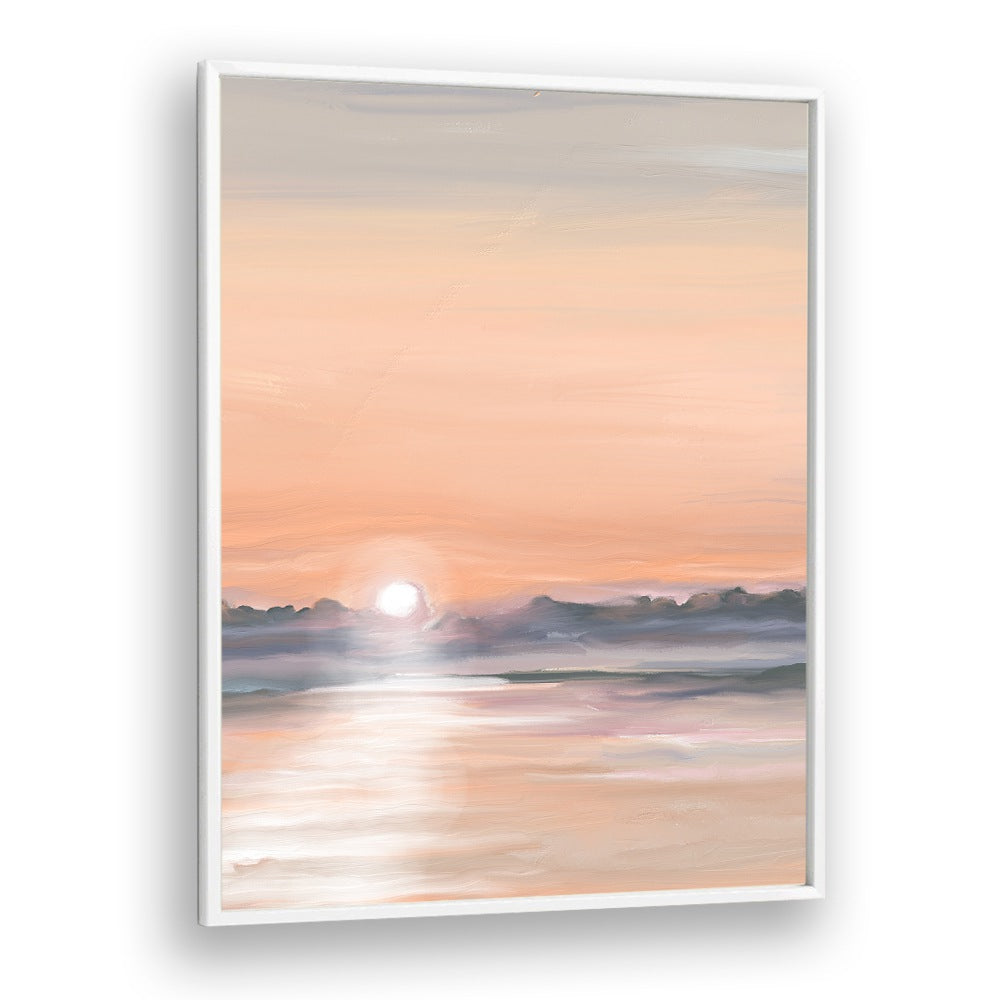Elegant Satin Skies landscape paintings in a white frame, showcasing serene nature and tranquil colors for your decor.