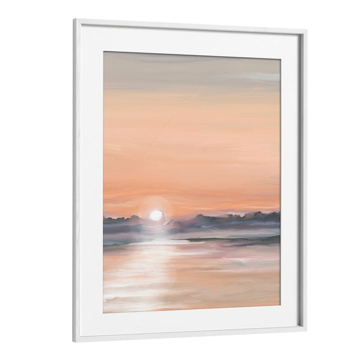 Elegant SATIN SKIES, LANDSCAPE PAINTINGS framed art print showcasing serene sunset hues for tranquil home decor.