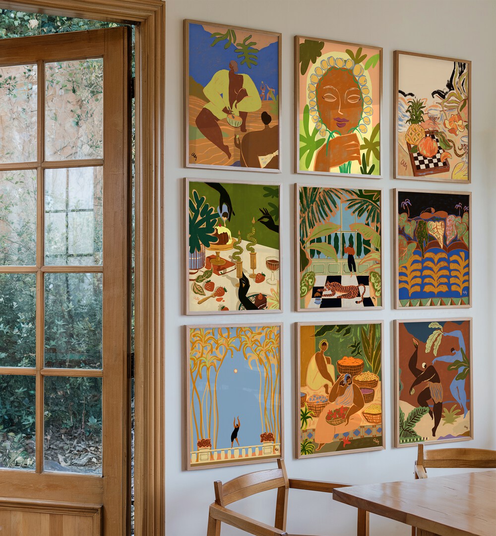 Transform your space with MODERN OASIS, GALLERY WALLS—a vibrant 9-piece set of earthy art and lush scenes.