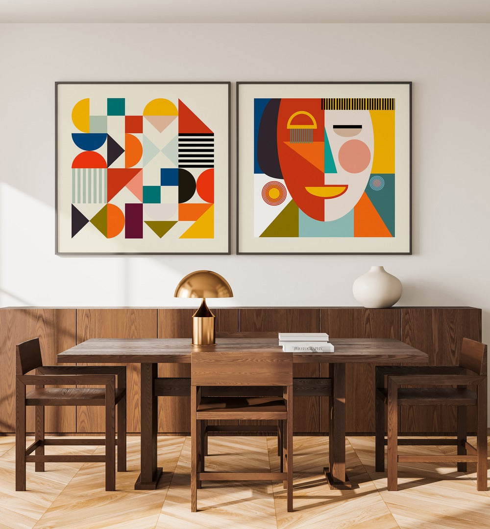 Stylish SHAPES & FACES MINIMAL SET of 2 paintings, perfect for enhancing modern home décor with retro charm.