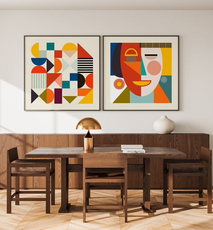 Stylish SHAPES & FACES MINIMAL SET of 2 paintings, perfect for enhancing modern home décor with retro charm.