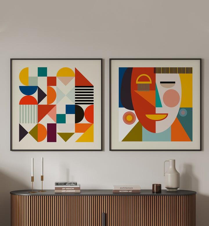 Colorful SHAPES & FACES MINIMAL SET of 2 paintings, perfect for modern home décor with retro flair.