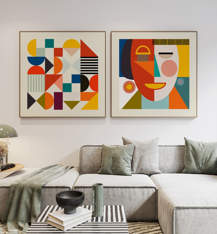 Colorful SHAPES & FACES MINIMAL SET of 2 paintings, perfect for modern home décor with a retro touch.