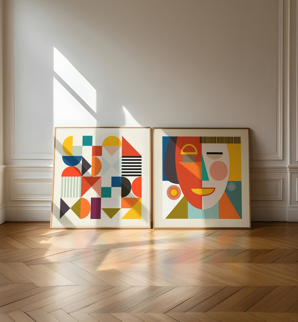 Modern SHAPES & FACES MINIMAL SET of 2 paintings, blending retro flair with geometric designs for stylish home décor.