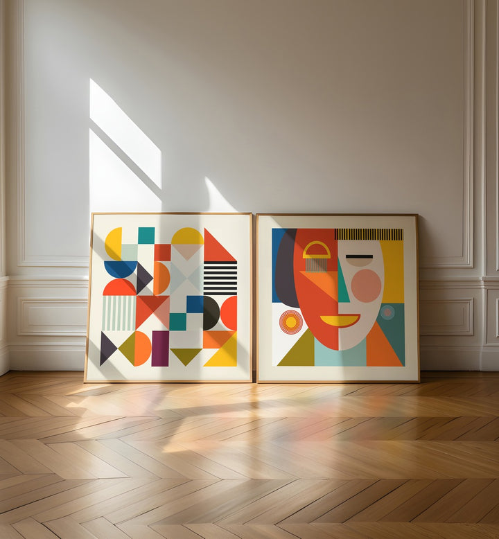 Modern SHAPES & FACES MINIMAL SET of 2 paintings, blending retro flair with geometric designs for stylish home décor.