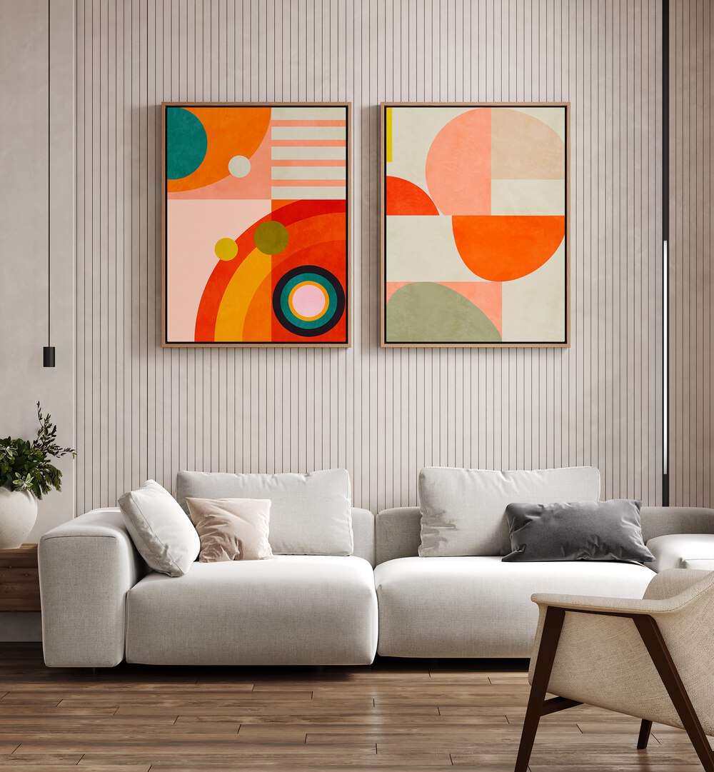 Vibrant SHAPES OF ABSTRACT, SET OF 2 PAINTINGS enhance modern living spaces with geometric designs and bold colors.