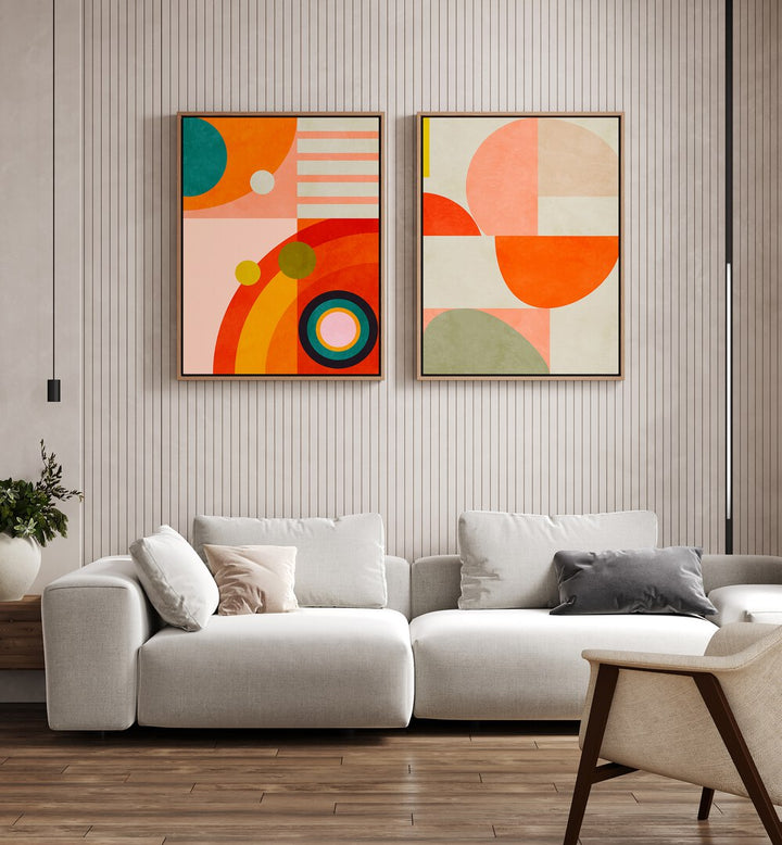 Vibrant SHAPES OF ABSTRACT, SET OF 2 PAINTINGS enhance modern living spaces with geometric designs and bold colors.
