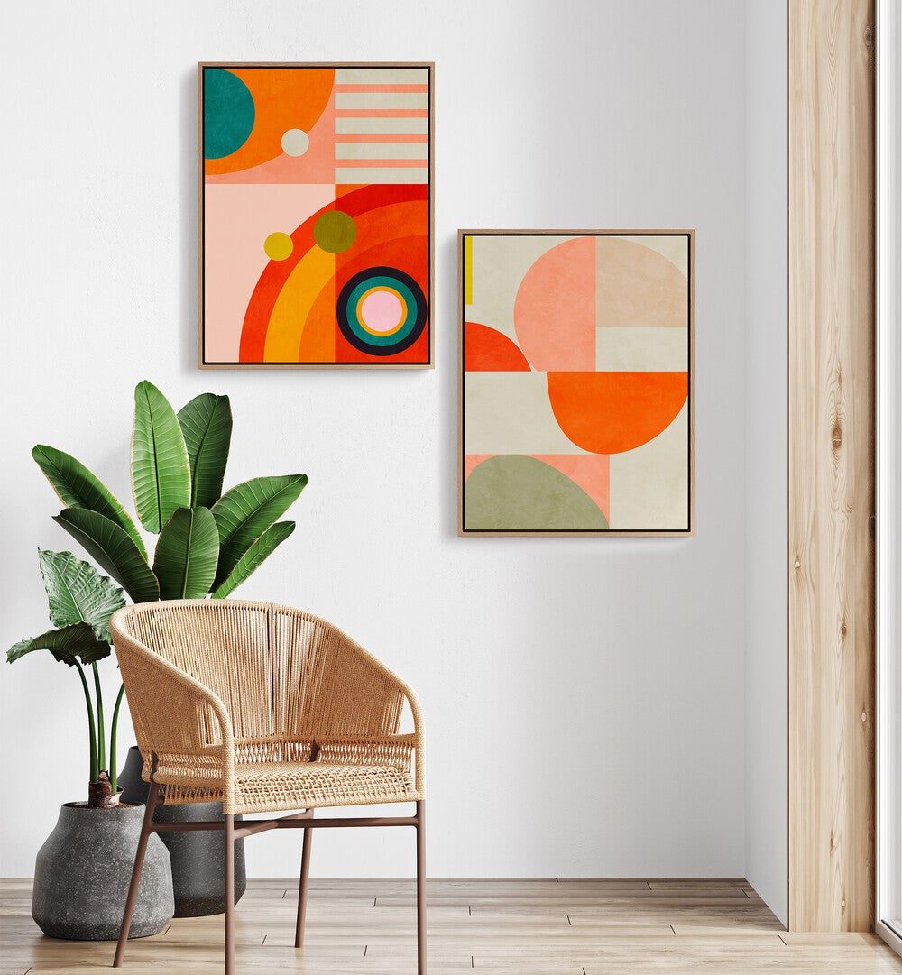 Brighten your space with SHAPES OF ABSTRACT, SET OF 2 PAINTINGS featuring vibrant colors and geometric designs.